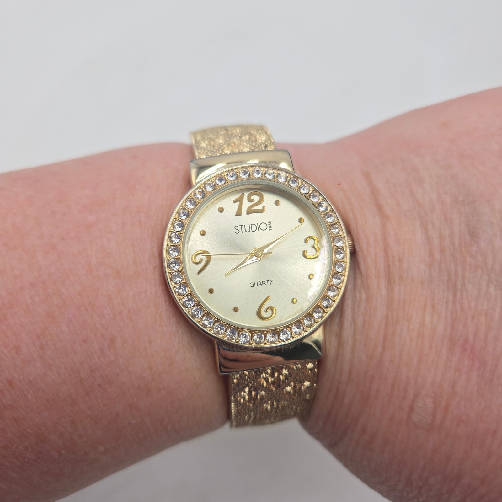 Studio Time Womens Gold Tone Crystal Bezel Cuff Watch Std3563t Textured Band